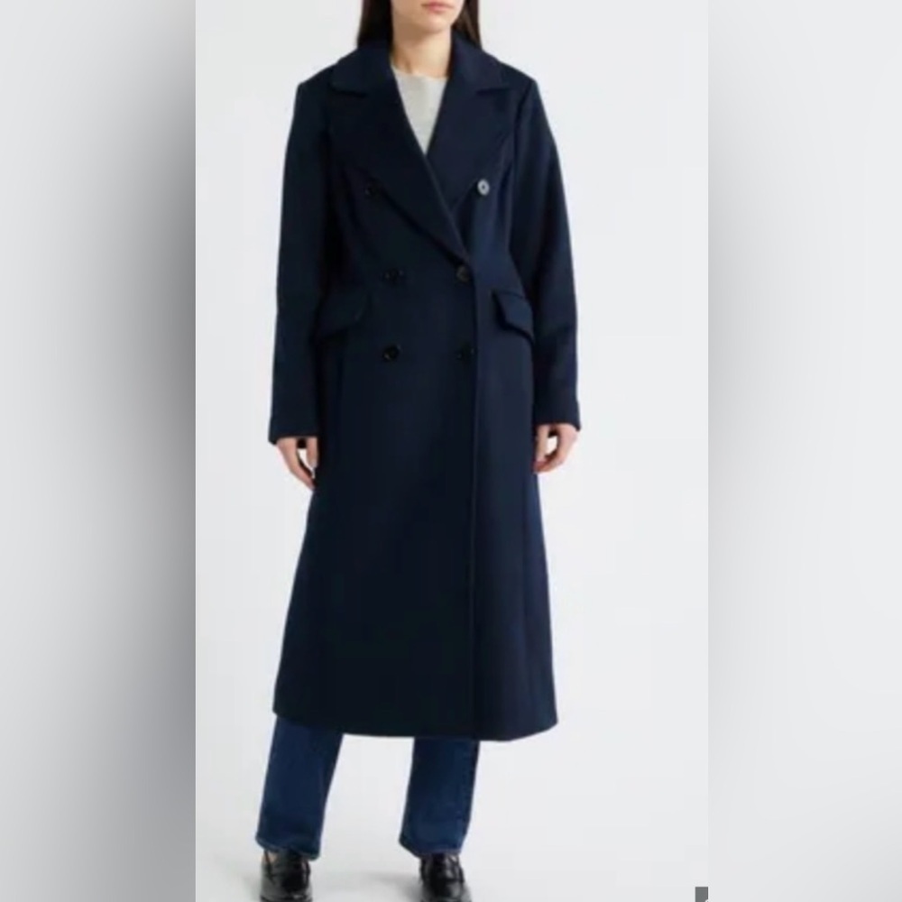 Michael Kors Double Breasted Wool Blend Long Coat Navy Blue Size Small NWT